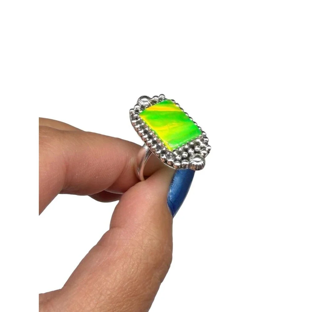 Aurora Fire Opal Ring Size 8 Solid 925 Sterling Silver Aura Lime Green